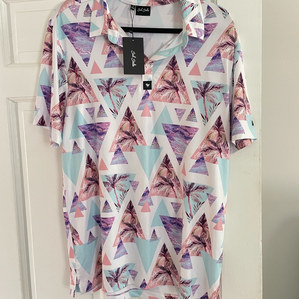 Bad Birdie Men’s Palm Triangle Print Polo in White, Pink, Purple, Aqua